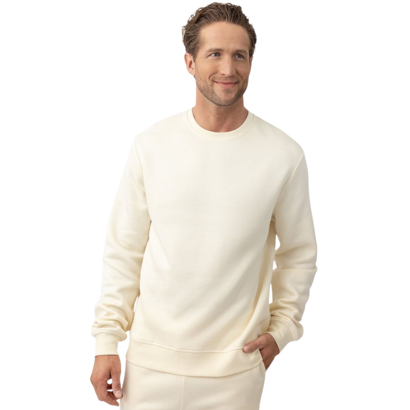 Man wearing Alabaster cityscape crewneck with white background |Color:Alabaster