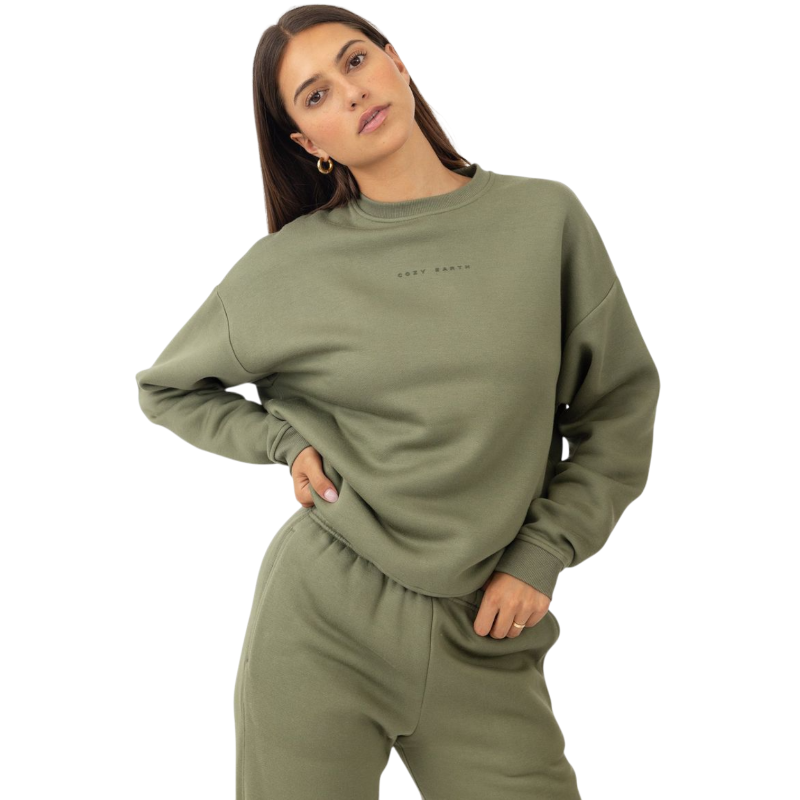 Woman wearing Juniper CityScape Crewneck with white background |Color: Juniper