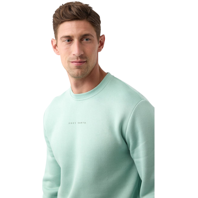 A man with short brown hair is wearing a mint green Men's CityScape Crewneck from Cozy Earth, featuring the brand name printed on the front. He gazes slightly to the side against a plain white background. |Color:Wintergreen
