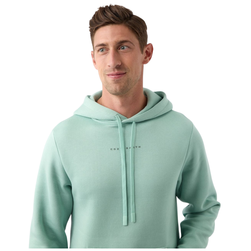 A person wearing the Men's CityScape Hoodie by Cozy Earth stands against a plain white background. The light green hoodie features drawstrings and subtle text on the chest. The person, with short brown hair, is looking slightly to the side while smiling gently. |Color:Wintergreen