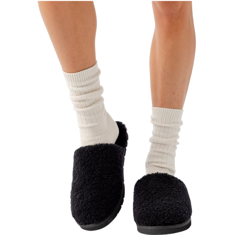 A pair of Puffy Sheep Slippers by Cozy Earth, featuring a cozy tan design with a fuzzy, textured exterior and soft interior, crafted in a slip-on style with rubber soles, set against a plain white background. |Color:Fawn