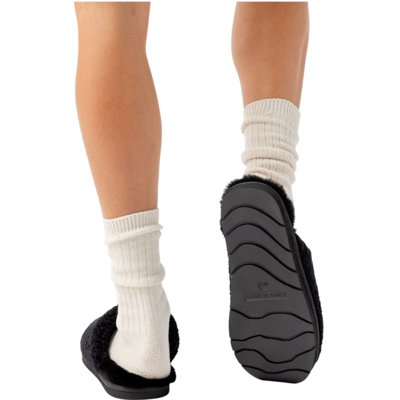 A pair of Puffy Sheep Slippers by Cozy Earth, featuring a cozy tan design with a fuzzy, textured exterior and soft interior, crafted in a slip-on style with rubber soles, set against a plain white background. |Color:Fawn