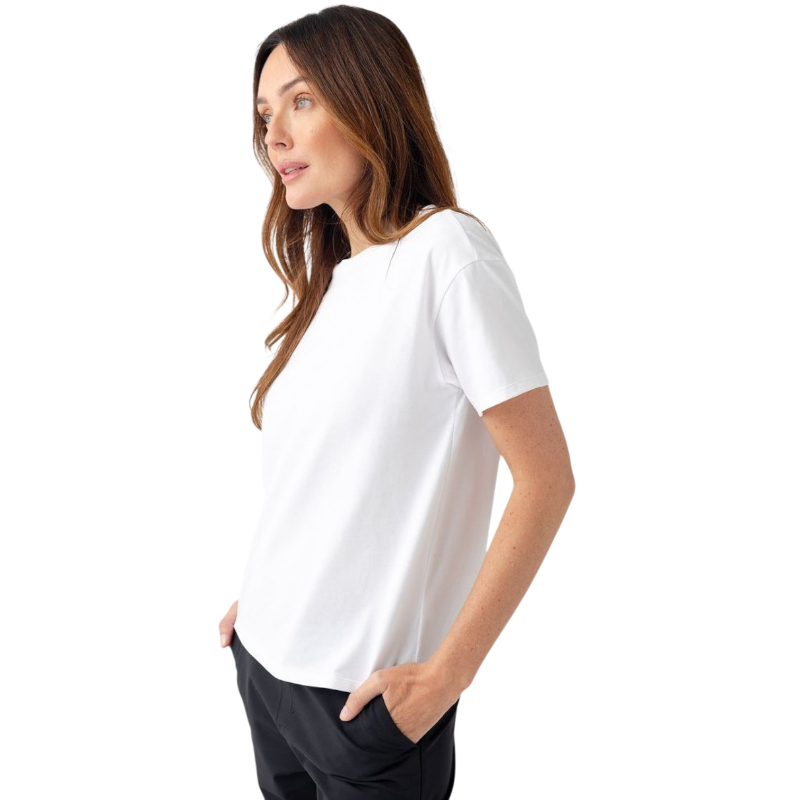 Woman wearing black tee with white background |Color:Jet Black