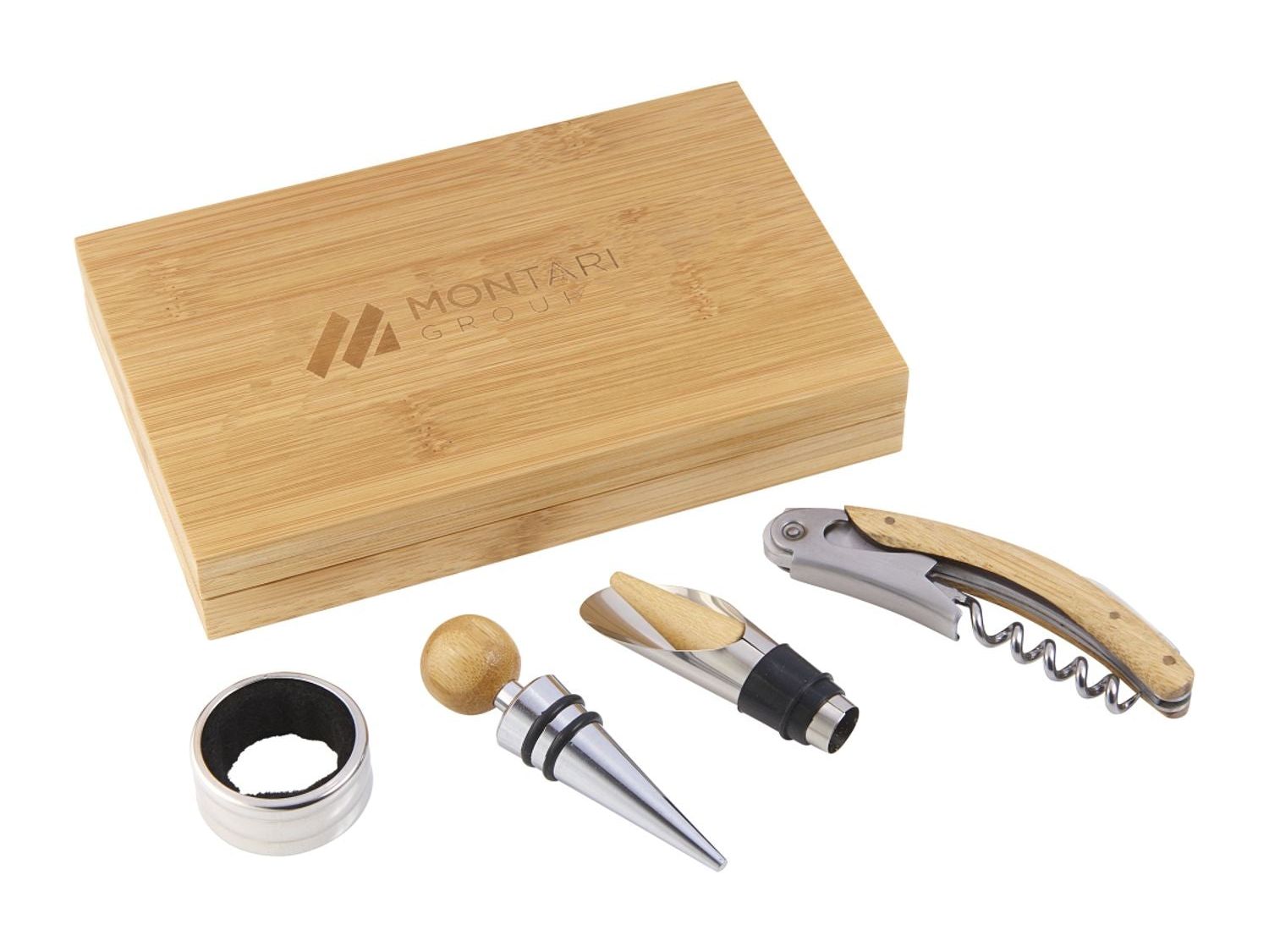 4 Piece Bamboo Wine Gift Set - Natural - Barware