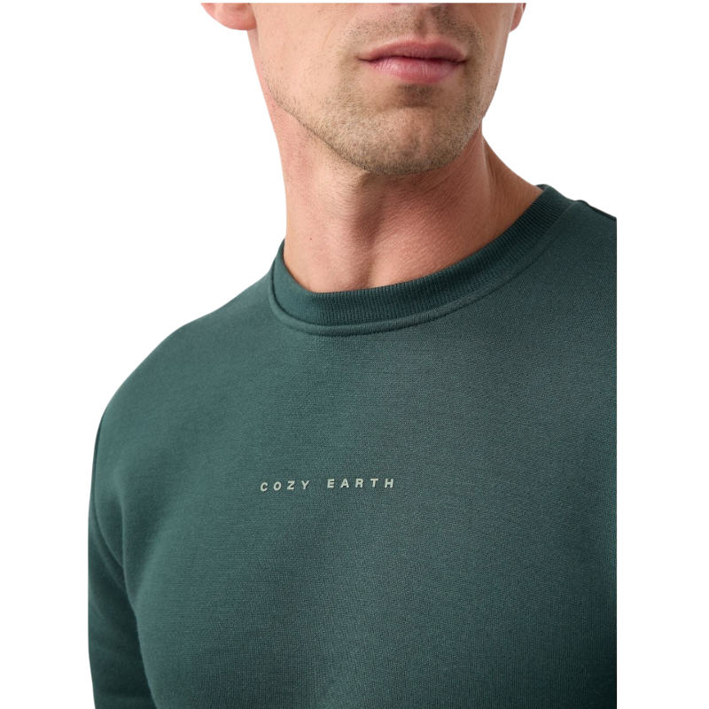 A man with short brown hair is wearing a dark green Men's CityScape Crewneck from Cozy Earth, featuring the words "COLD EARTH" printed on it. He is gazing slightly to the side against a plain white background. |Color:Spruce