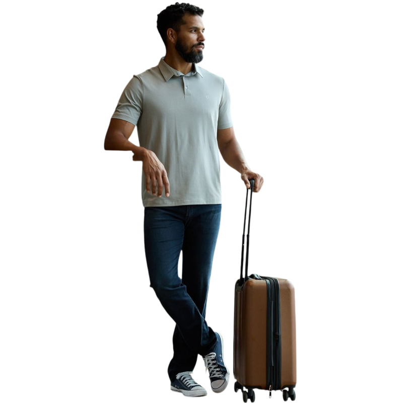A person with short, light brown hair is wearing the Men's Everyday Polo by Cozy Earth in a light gray shade, paired with light beige pants. They are standing and slightly looking over their left shoulder with a neutral expression against a plain white background. |Color:Stone