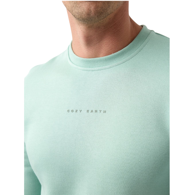 A man with short brown hair is wearing a dark green Men's CityScape Crewneck from Cozy Earth, featuring the words "COLD EARTH" printed on it. He is gazing slightly to the side against a plain white background. |Color:Spruce