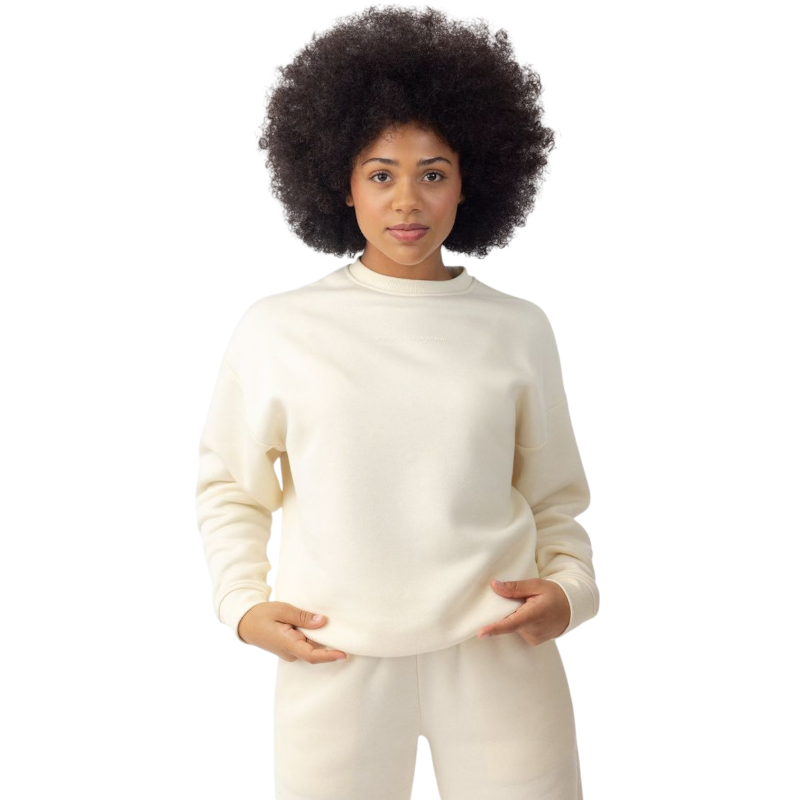 Woman wearing Alabaster CityScape Crewneck with white background |Color: Alabaster
