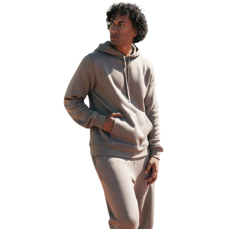 A person with curly hair is wearing a Cozy Earth Men's CityScape Hoodie in dark green and standing against a plain white background, with their hands together. |Color:Spruce