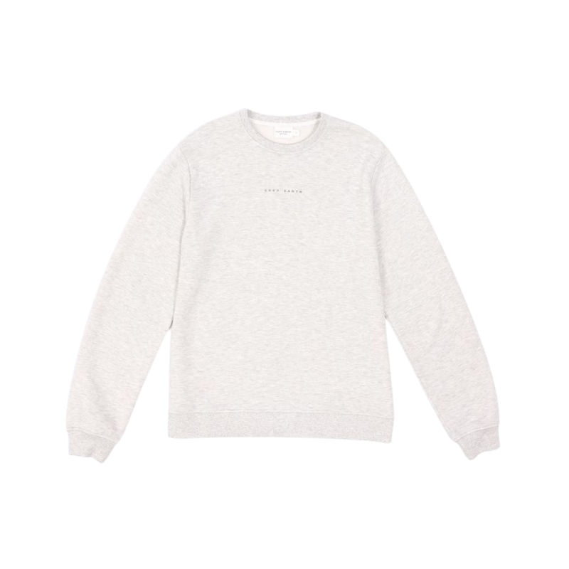 A man with short brown hair is wearing a dark green Men's CityScape Crewneck from Cozy Earth, featuring the words "COLD EARTH" printed on it. He is gazing slightly to the side against a plain white background. |Color:Spruce