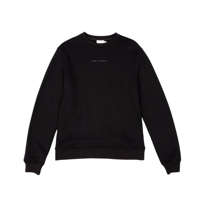 A man with short brown hair is wearing a dark green Men's CityScape Crewneck from Cozy Earth, featuring the words "COLD EARTH" printed on it. He is gazing slightly to the side against a plain white background. |Color:Spruce