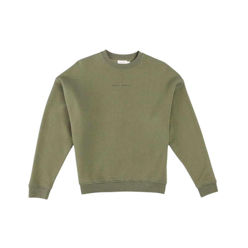 A man with short brown hair is wearing a dark green Men's CityScape Crewneck from Cozy Earth, featuring the words "COLD EARTH" printed on it. He is gazing slightly to the side against a plain white background. |Color:Spruce