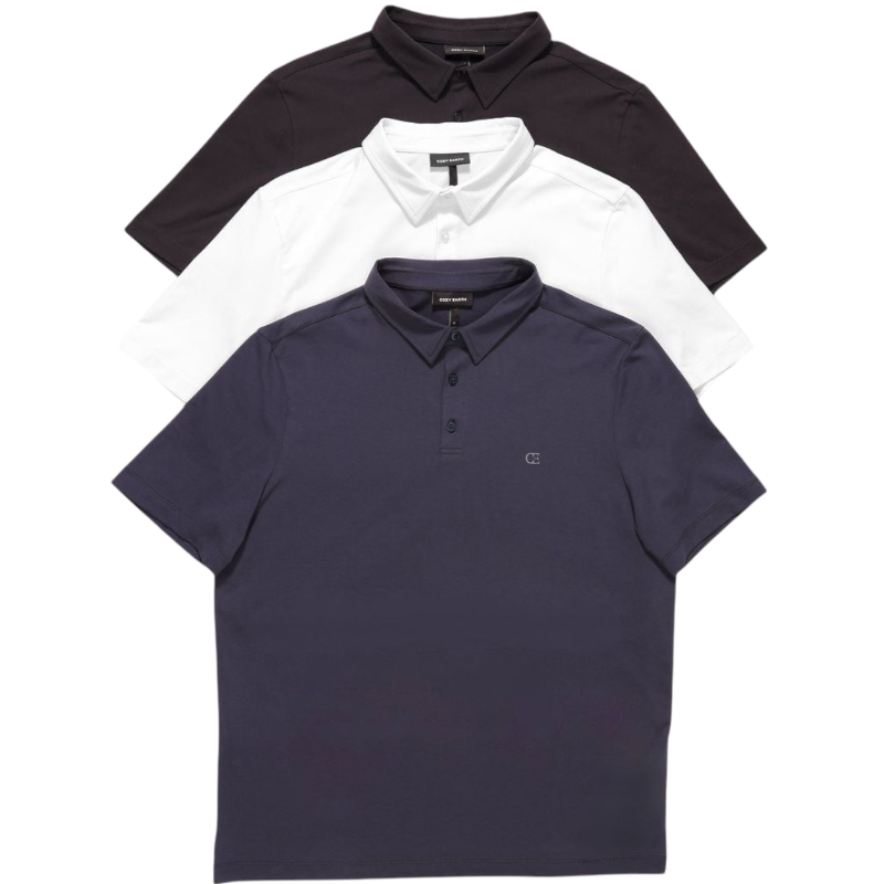 A person with short, light brown hair is wearing the Men's Everyday Polo by Cozy Earth in a light gray shade, paired with light beige pants. They are standing and slightly looking over their left shoulder with a neutral expression against a plain white background. |Color:Stone