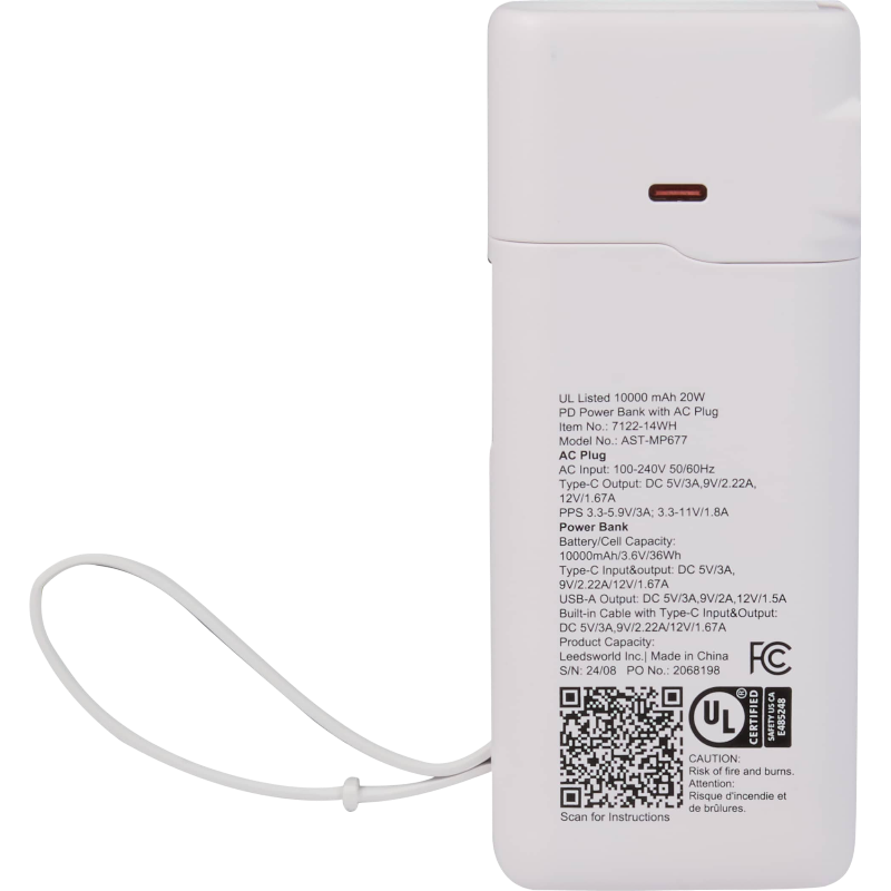 UL Listed 10,000 mAh 20W PD Power Bank with AC Plug