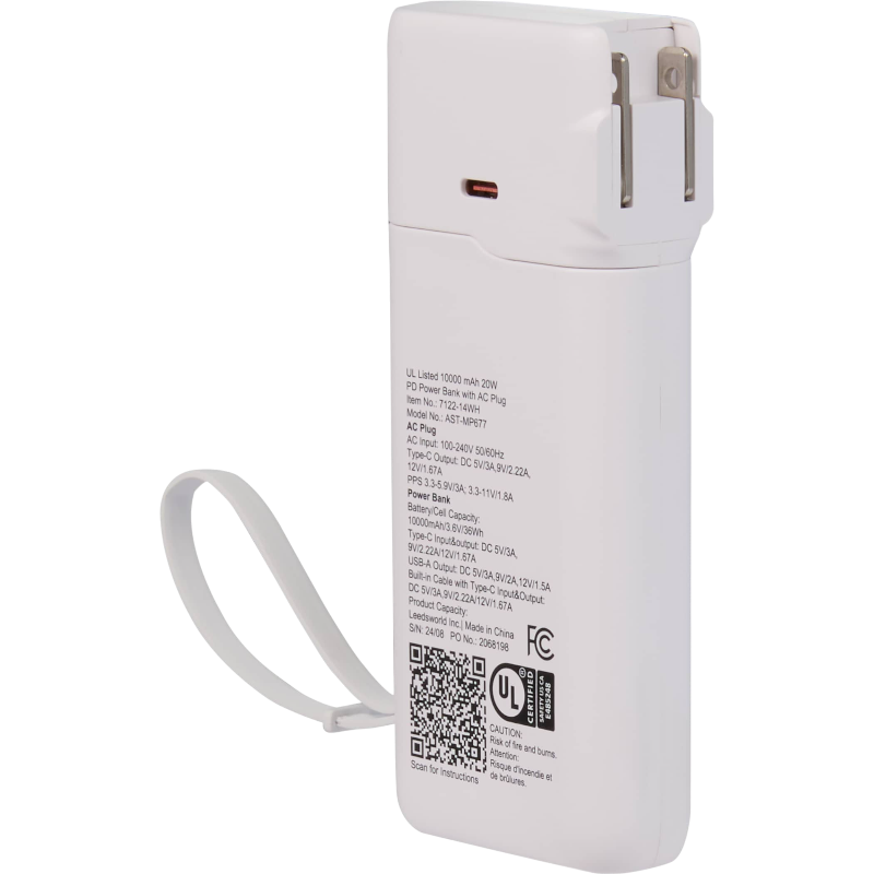 UL Listed 10,000 mAh 20W PD Power Bank with AC Plug