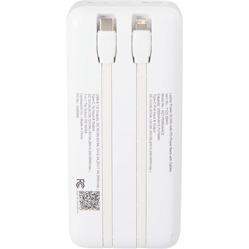Laptop Power 20,000 mAh PD Power Bank with Integrated Cables