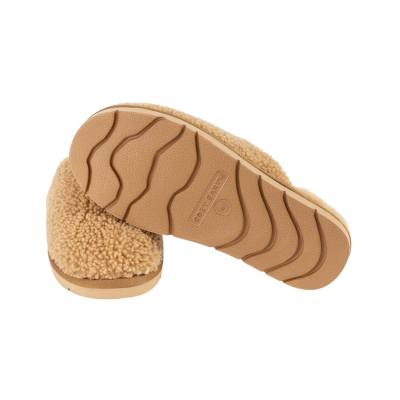 A pair of Puffy Sheep Slippers by Cozy Earth, featuring a cozy tan design with a fuzzy, textured exterior and soft interior, crafted in a slip-on style with rubber soles, set against a plain white background. |Color:Fawn