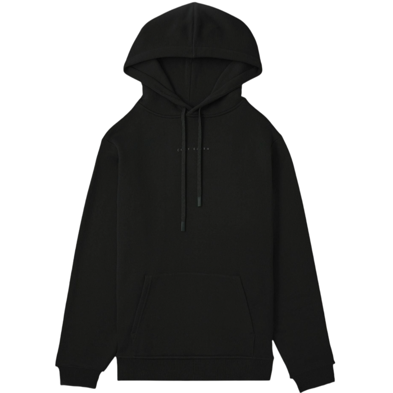 A person with curly hair is wearing a Cozy Earth Men's CityScape Hoodie in dark green and standing against a plain white background, with their hands together. |Color:Spruce