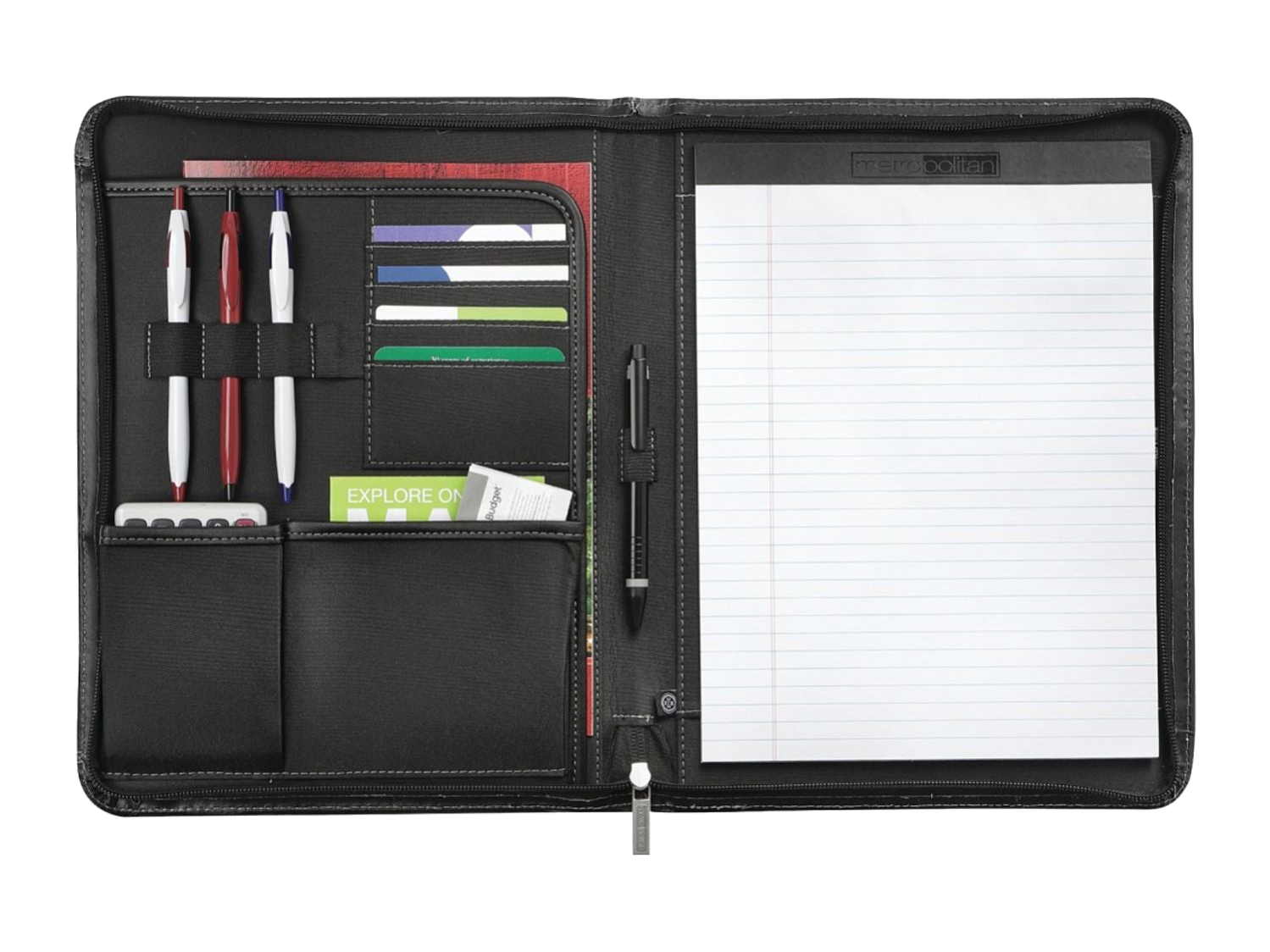 Metropolitan Leather Zippered Padfolio with FSC® Mix Paper - Black - Zippered Padfolios