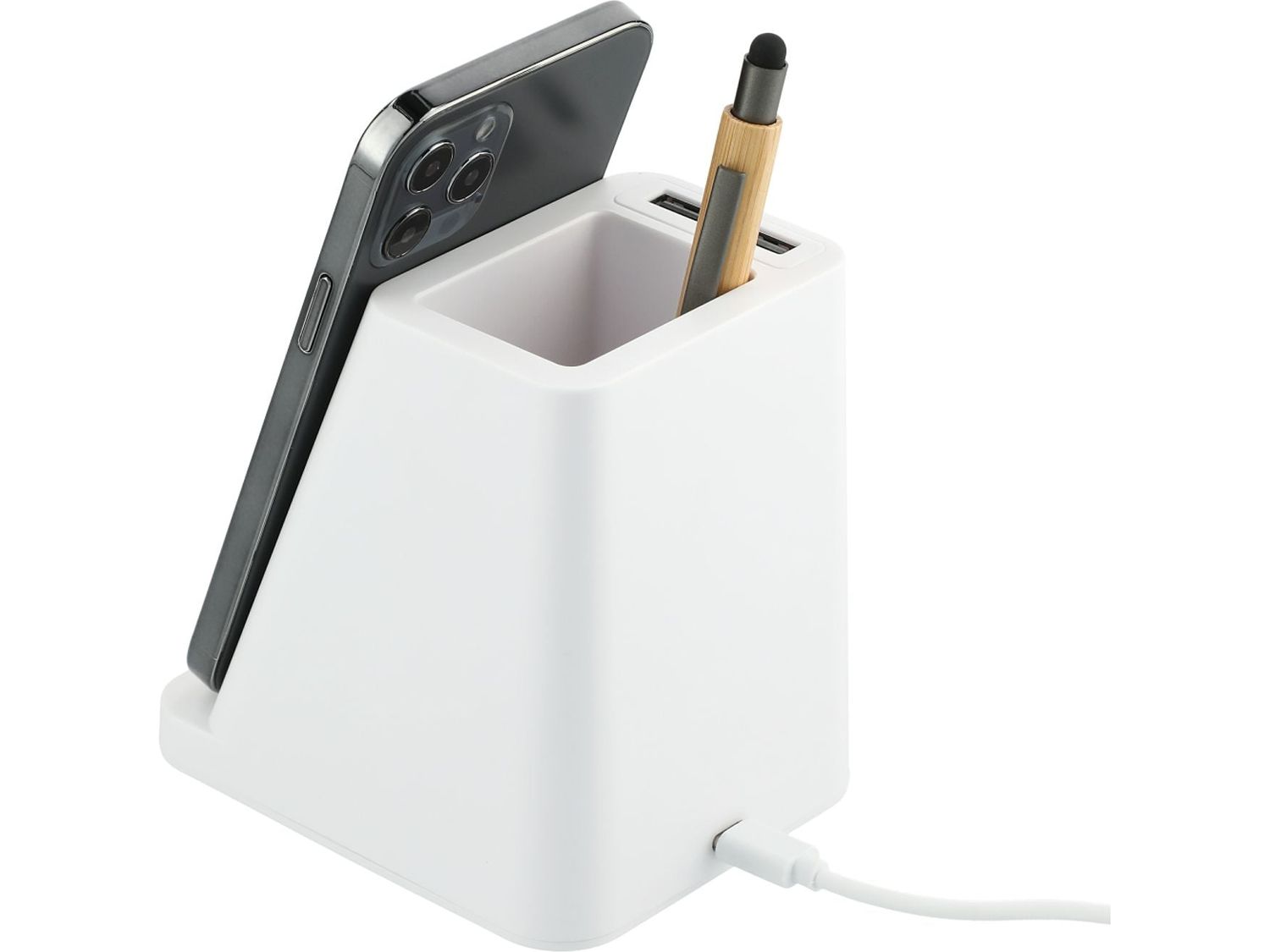 Wireless Charging Pen Holder w/ Dual Outputs - White - Charging Stands