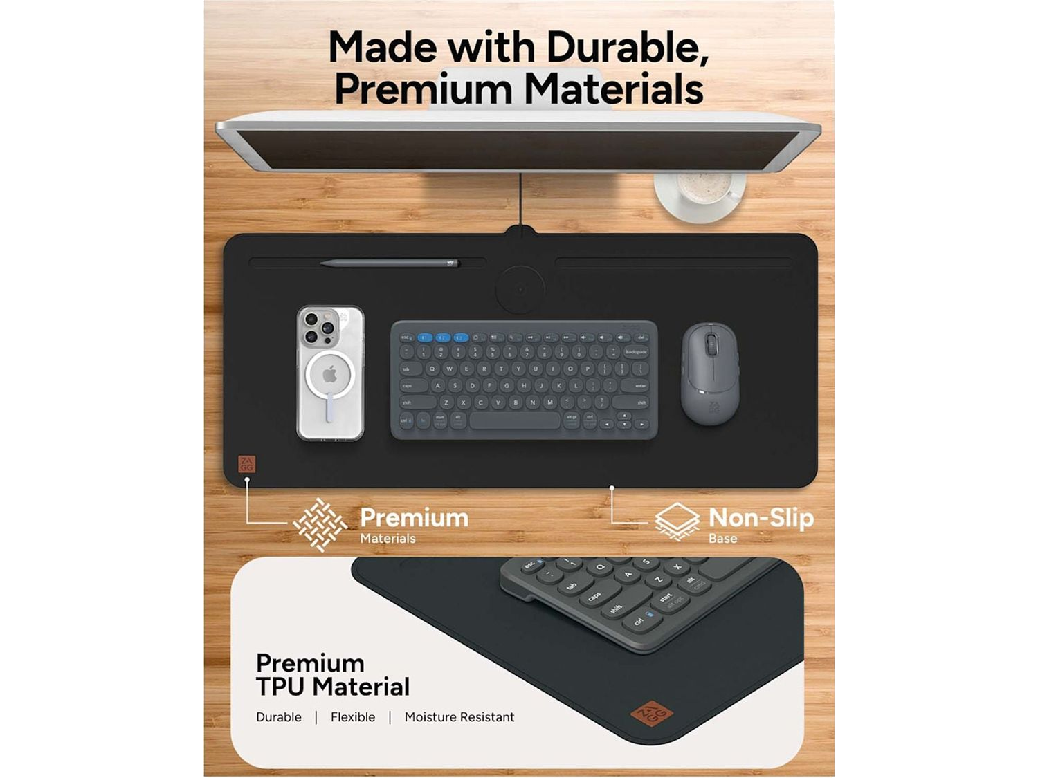 Zagg Desk Mat with Wireless Charging - Black - Charging Pads