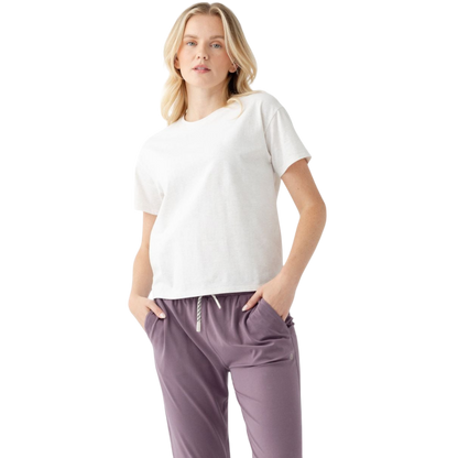 Woman in alabaster tee with white background |Color:Alabaster Heather