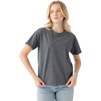 Woman wearing coal heather tee with white background |Color:Coal Heather