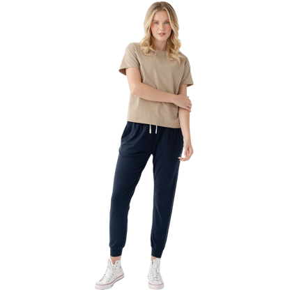 Woman wearing black tee with white background |Color:Jet Black