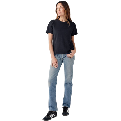 Woman wearing black tee with white background |Color:Jet Black