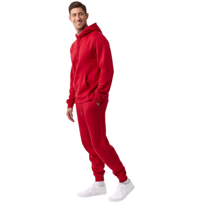 A person with curly hair is wearing a Cozy Earth Men's CityScape Hoodie in dark green and standing against a plain white background, with their hands together. |Color:Spruce