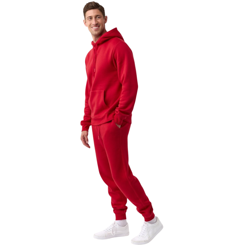 A person with curly hair is wearing a Cozy Earth Men's CityScape Hoodie in dark green and standing against a plain white background, with their hands together. |Color:Spruce