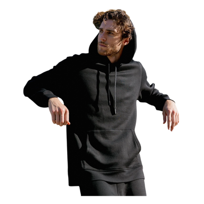 A person with curly hair is wearing a Cozy Earth Men's CityScape Hoodie in dark green and standing against a plain white background, with their hands together. |Color:Spruce