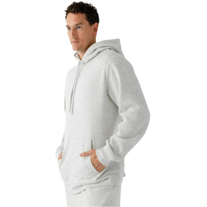 Man wearing heather grey cityscape hoodie with white background |Color:Heather Grey