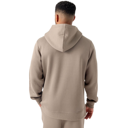 A person with curly hair is wearing a Cozy Earth Men's CityScape Hoodie in dark green and standing against a plain white background, with their hands together. |Color:Spruce