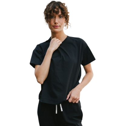 Woman wearing black tee with white background |Color:Jet Black