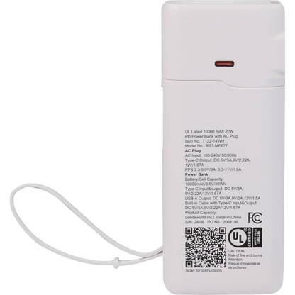 UL Listed 10,000 mAh 20W PD Power Bank with AC Plug