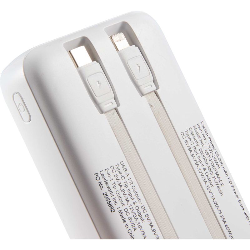 Laptop Power 20,000 mAh PD Power Bank with Integrated Cables
