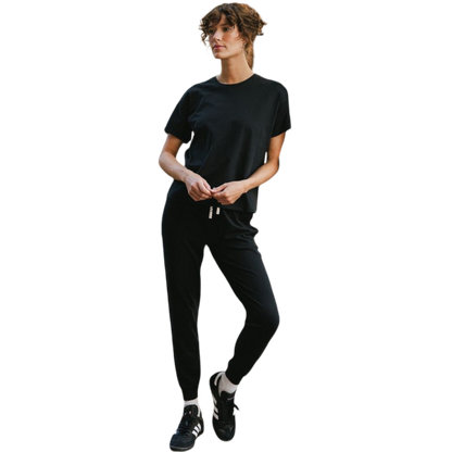 Woman wearing black tee with white background |Color:Jet Black