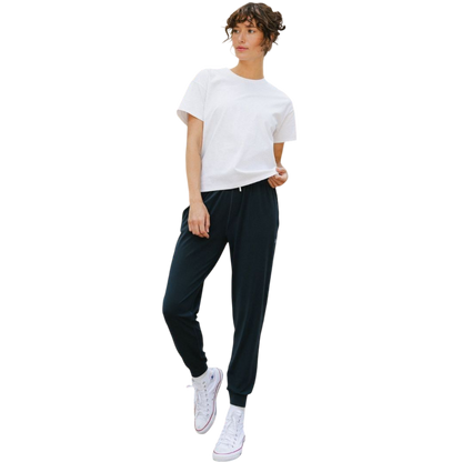 Woman wearing black tee with white background |Color:Jet Black