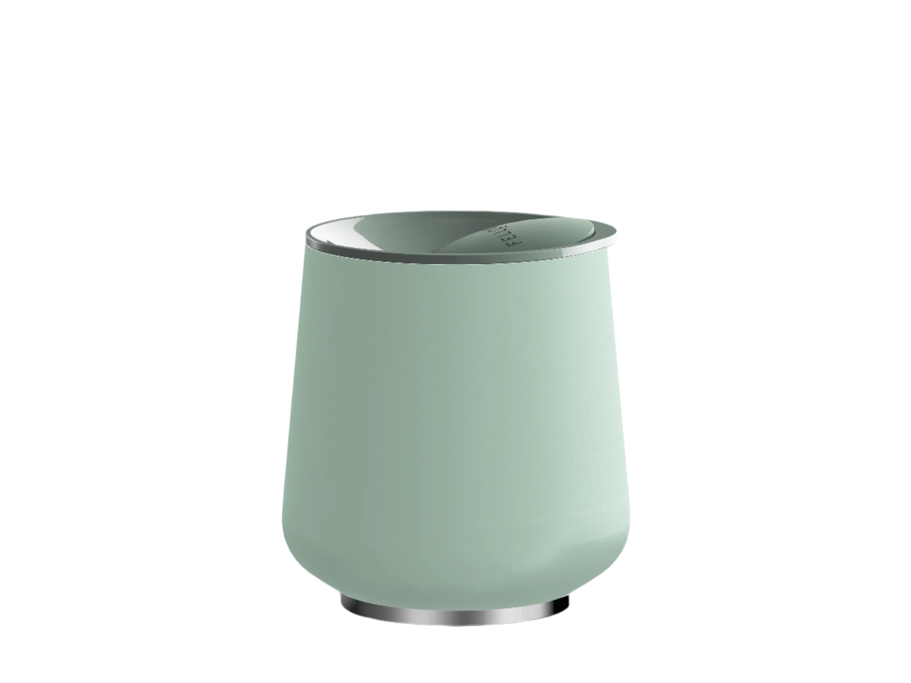 The Ruby Wine Tumbler by Fellow is sleek and light green with a glossy silver rim and base. Its insulated body features True Taste ceramic coating, ensuring your drink stays perfect against a plain background.