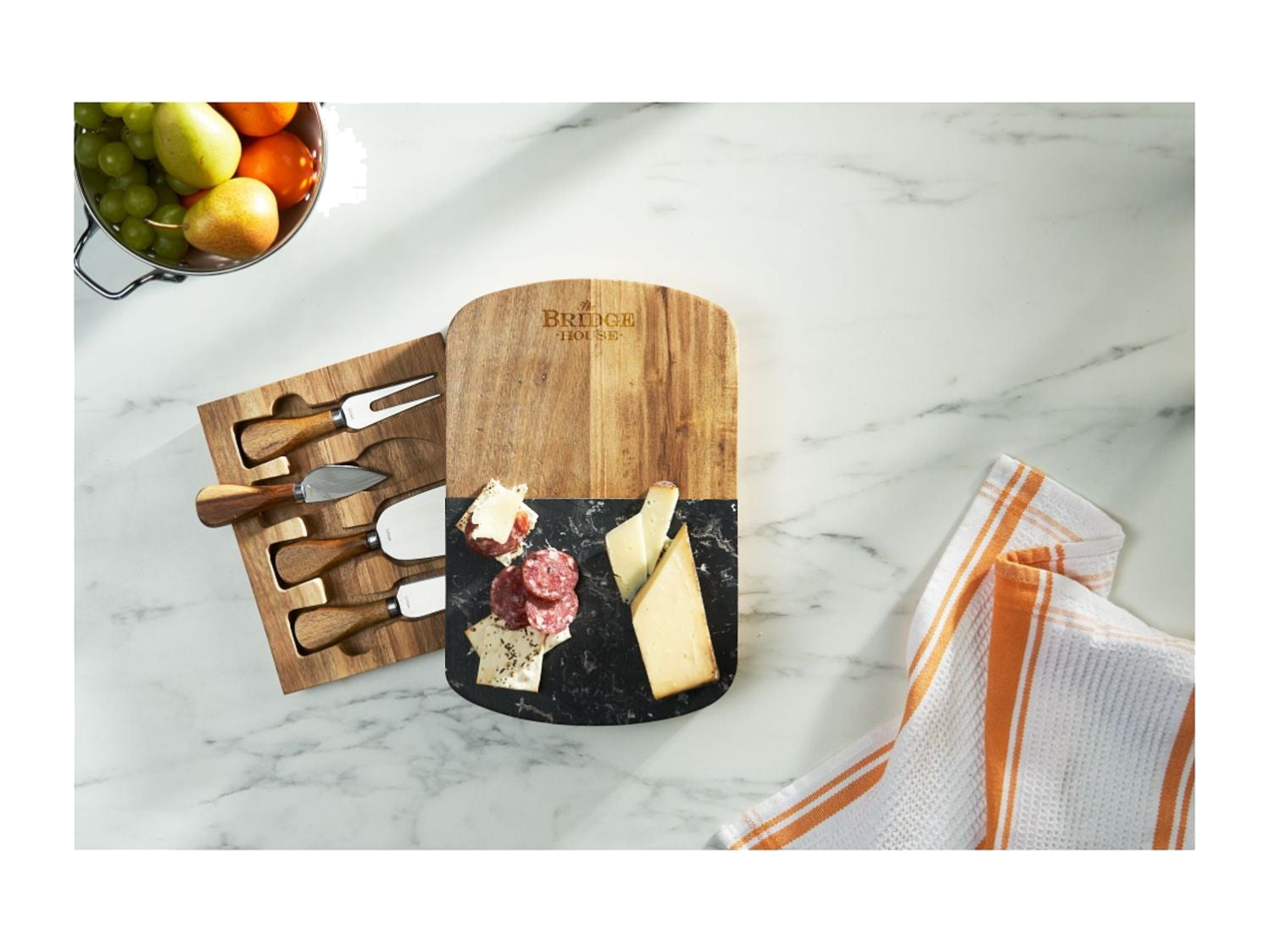 Black Marble Cheese Board Set with Knives - Natural - Homewares