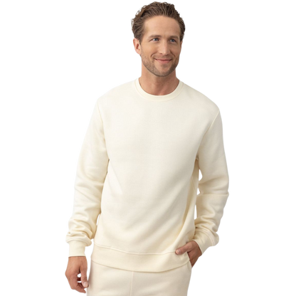 Man wearing Alabaster cityscape crewneck with white background |Color:Alabaster