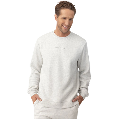 Man wearing heather grey cityscape pullover with white background |Color:Heather Grey