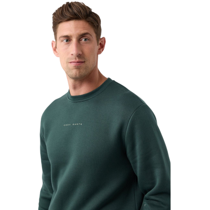 A man with short brown hair is wearing a dark green Men's CityScape Crewneck from Cozy Earth, featuring the words "COLD EARTH" printed on it. He is gazing slightly to the side against a plain white background. |Color:Spruce