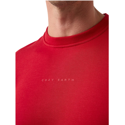 A man with short brown hair is wearing a dark green Men's CityScape Crewneck from Cozy Earth, featuring the words "COLD EARTH" printed on it. He is gazing slightly to the side against a plain white background. |Color:Spruce