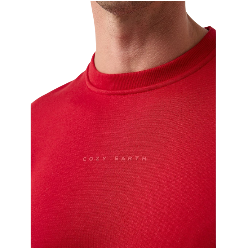 A man with short brown hair is wearing a dark green Men's CityScape Crewneck from Cozy Earth, featuring the words "COLD EARTH" printed on it. He is gazing slightly to the side against a plain white background. |Color:Spruce