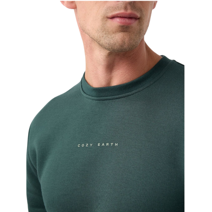 A man with short brown hair is wearing a dark green Men's CityScape Crewneck from Cozy Earth, featuring the words "COLD EARTH" printed on it. He is gazing slightly to the side against a plain white background. |Color:Spruce