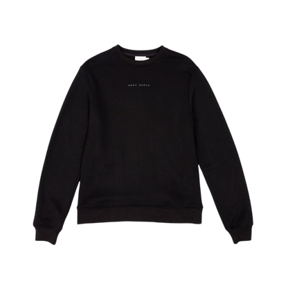 A man with short brown hair is wearing a dark green Men's CityScape Crewneck from Cozy Earth, featuring the words "COLD EARTH" printed on it. He is gazing slightly to the side against a plain white background. |Color:Spruce