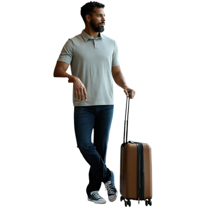 A person with short, light brown hair is wearing the Men's Everyday Polo by Cozy Earth in a light gray shade, paired with light beige pants. They are standing and slightly looking over their left shoulder with a neutral expression against a plain white background. |Color:Stone