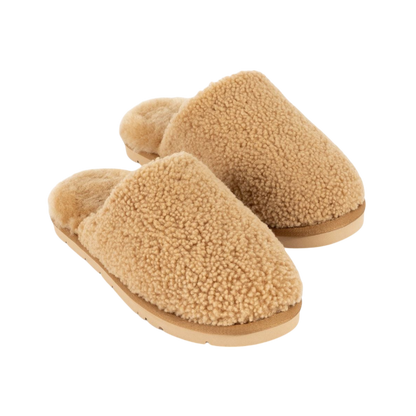 A pair of Puffy Sheep Slippers by Cozy Earth, featuring a cozy tan design with a fuzzy, textured exterior and soft interior, crafted in a slip-on style with rubber soles, set against a plain white background. |Color:Fawn